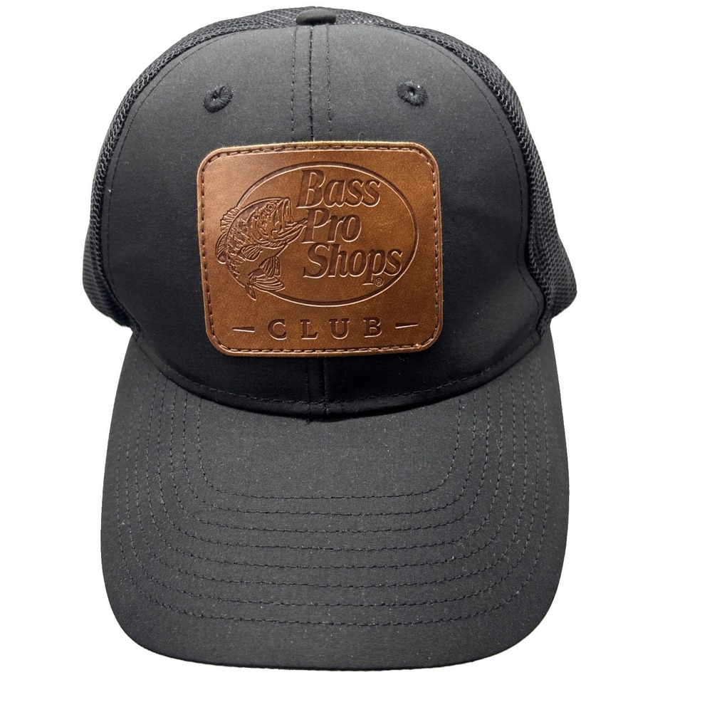 Bass Pro Shops Club Black Mesh Trucker Hat Leather Patch Adjustable Snapback